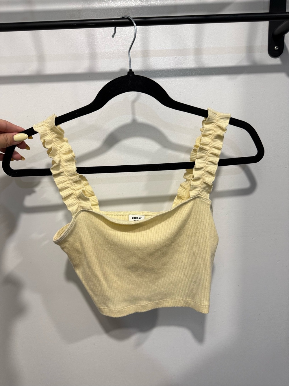 Sunday Best Pale Yellow Ribbed Ruffle- Strap Crop Tank